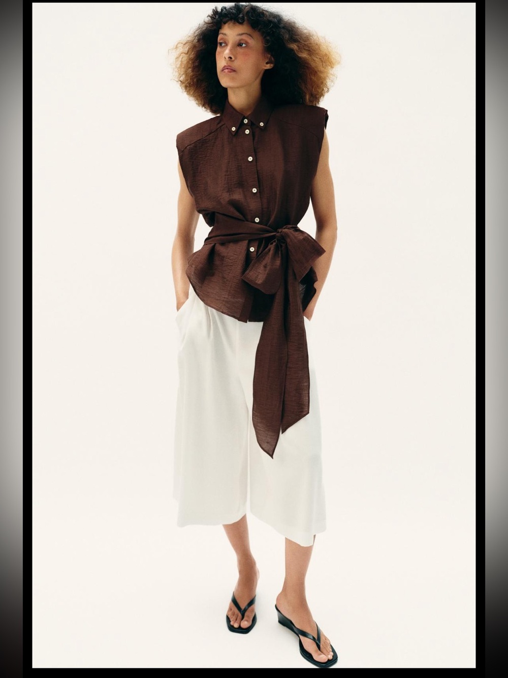 NWT: Zara Linen Blend Shoulder-pad Tie-Waist Top in Rich Chocolate Sz: L